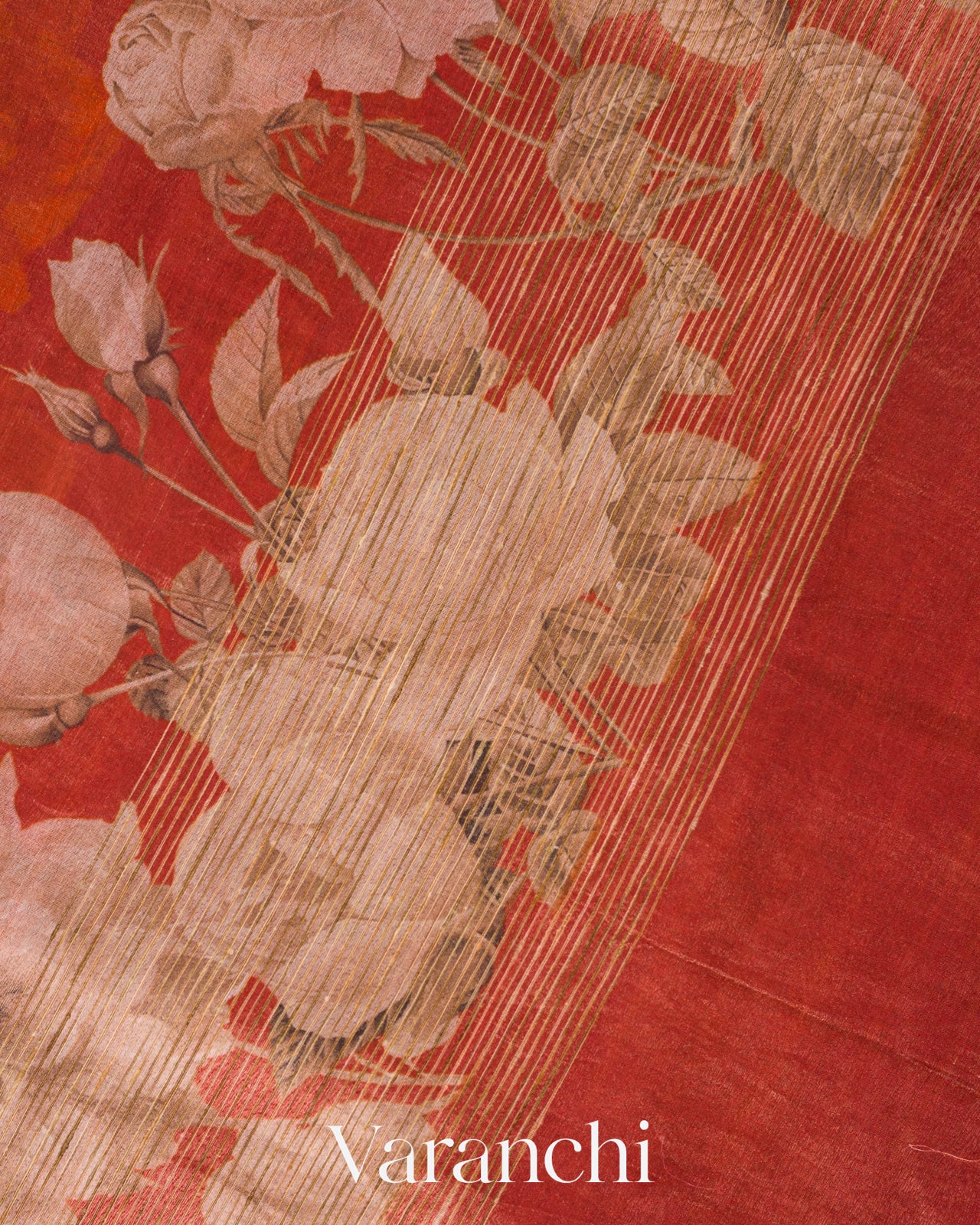 Burnt Orange Floral Digital Printed Pure Silk Cotton Tissue Handloom Saree
