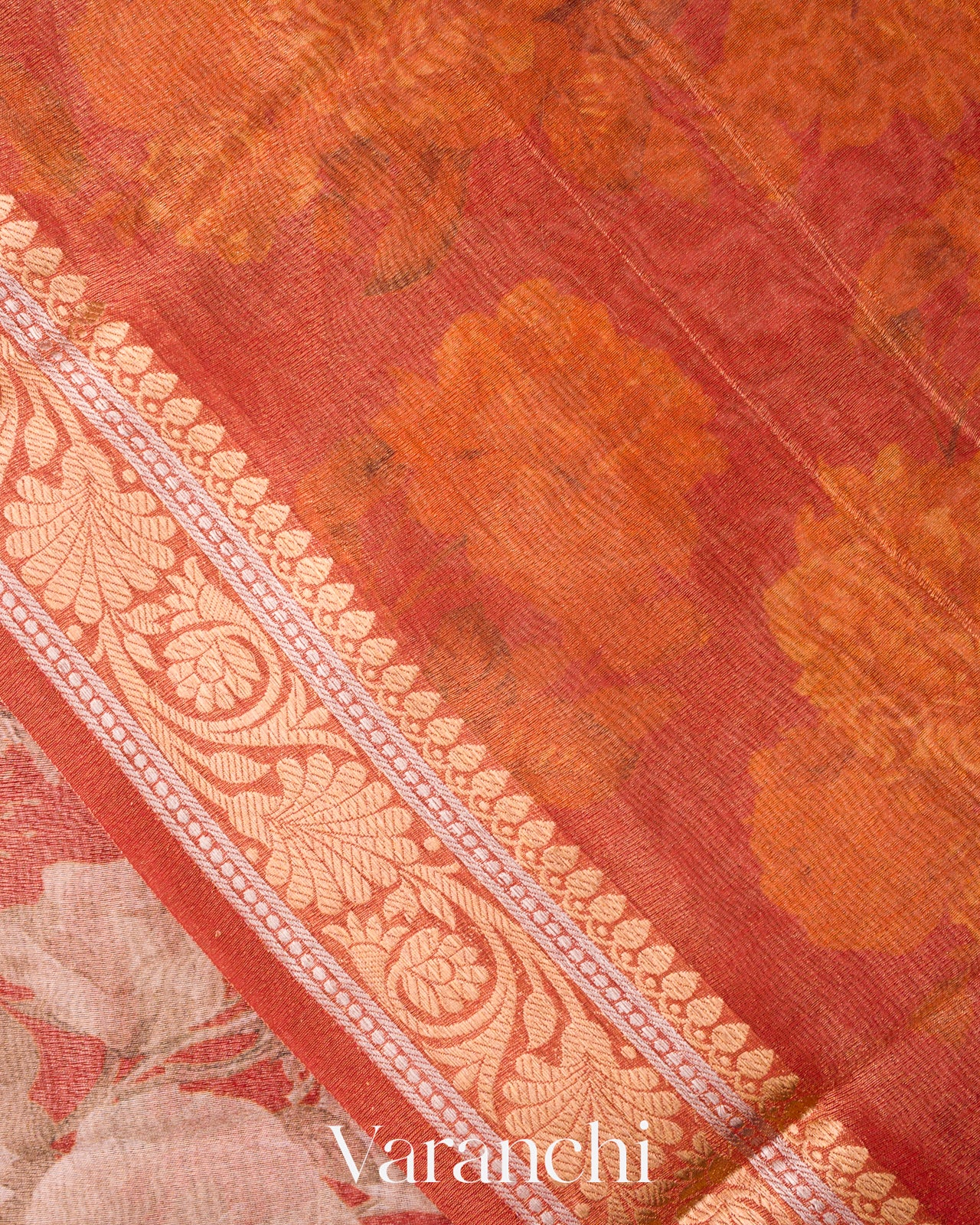 Burnt Orange Floral Digital Printed Pure Silk Cotton Tissue Handloom Saree