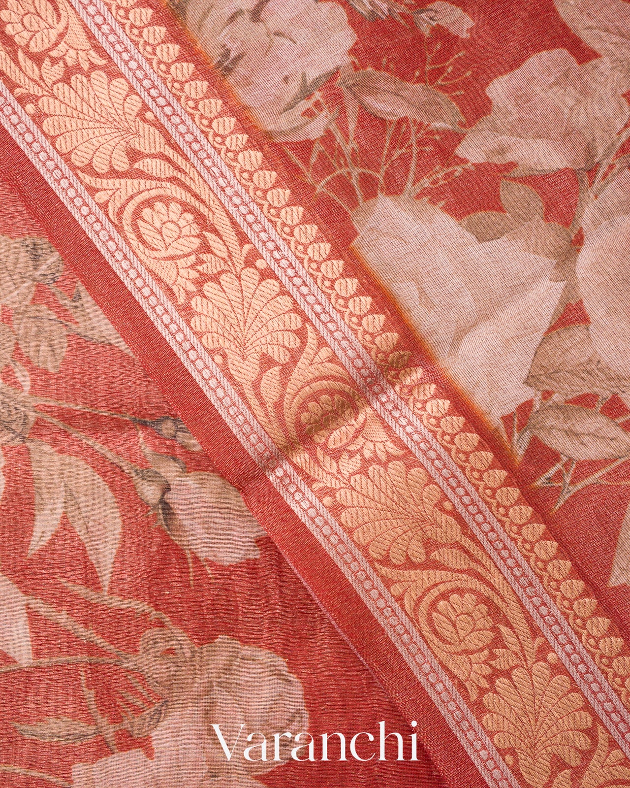 Burnt Orange Floral Digital Printed Pure Silk Cotton Tissue Handloom Saree
