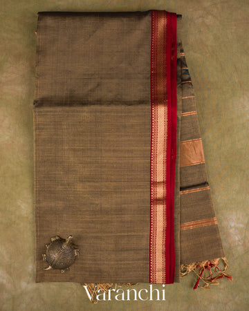 Olive Brown Pure Maheshwari Silk Cotton Handloom Saree
