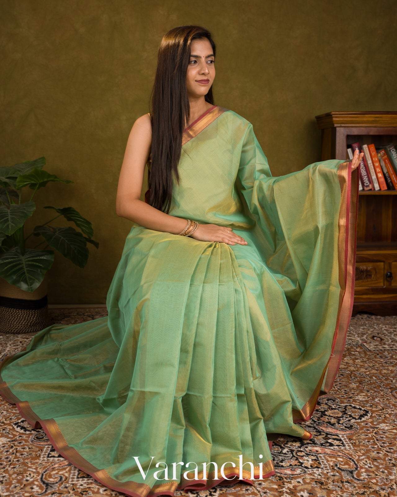 Sage Green Border Pure Maheshwari Silk Cotton Handloom Saree