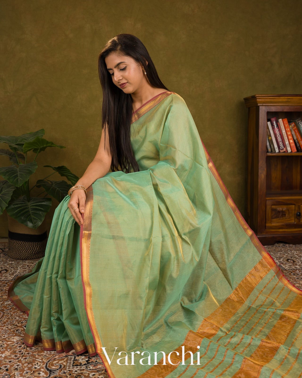 Sage Green Border Pure Maheshwari Silk Cotton Handloom Saree