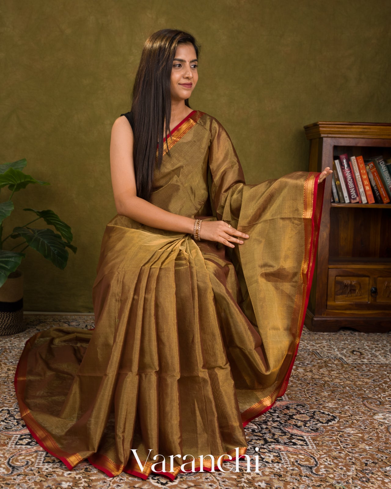 Olive Brown Pure Maheshwari Silk Cotton Handloom Saree