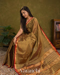 Olive Brown Pure Maheshwari Silk Cotton Handloom Saree