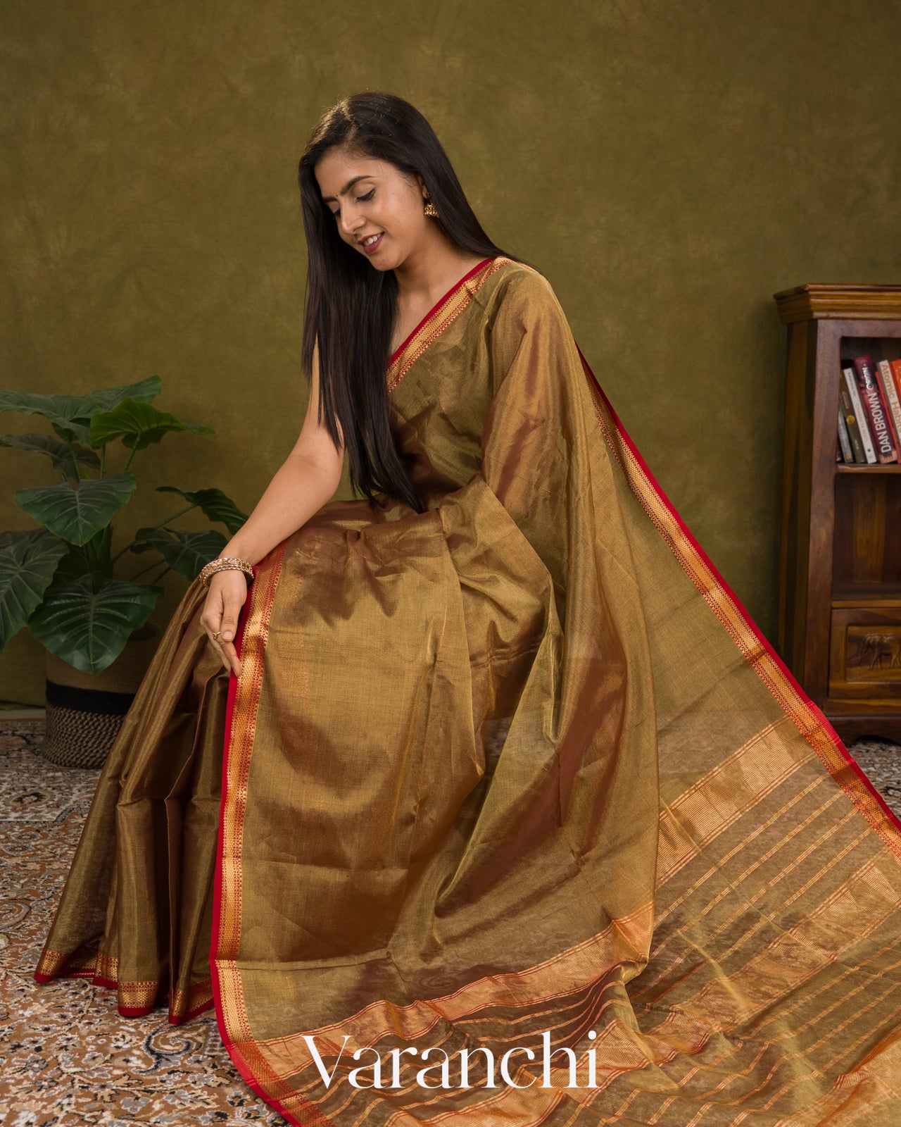 Olive Brown Pure Maheshwari Silk Cotton Handloom Saree