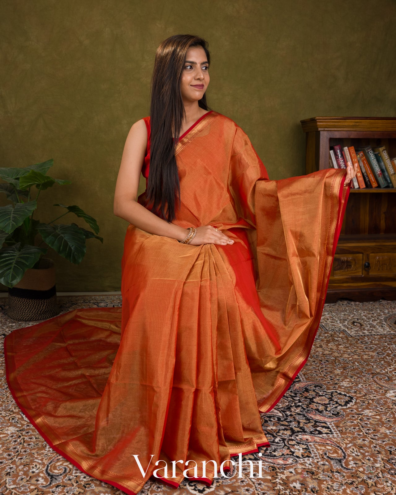 Rust Orange Pure Maheshwari Silk Cotton Handloom Saree