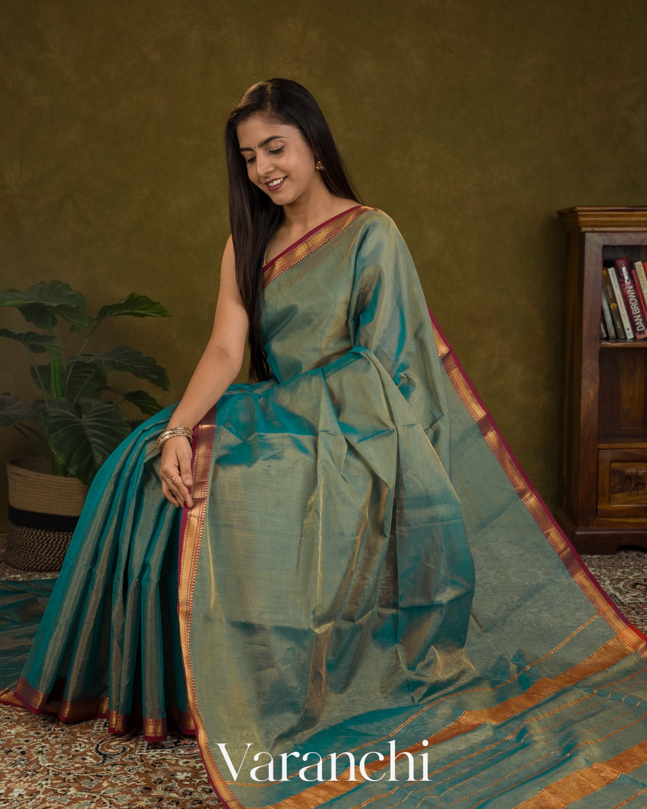 Turquoise Blue Pure Maheshwari Silk Cotton Handloom Saree