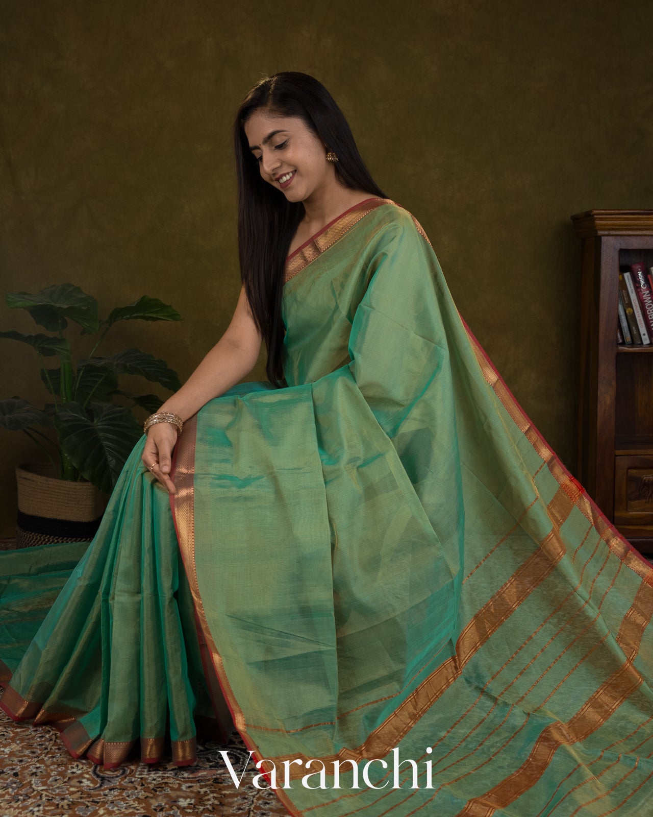 Sea Green Pure Maheshwari Silk Cotton Handloom Saree