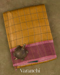 Mustard Yellow Checked Pure Tussar Silk Handloom Saree
