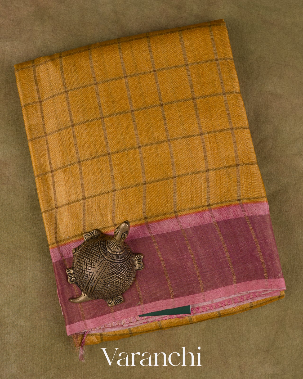 Mustard Yellow Checked Pure Tussar Silk Handloom Saree