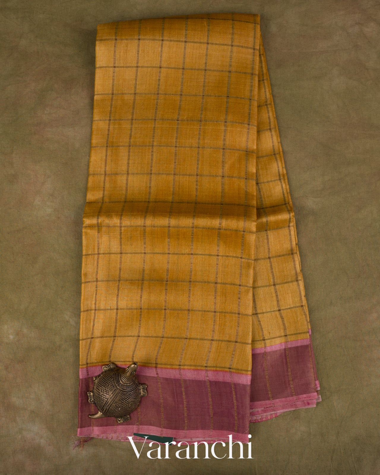 Mustard Yellow Checked Pure Tussar Silk Handloom Saree
