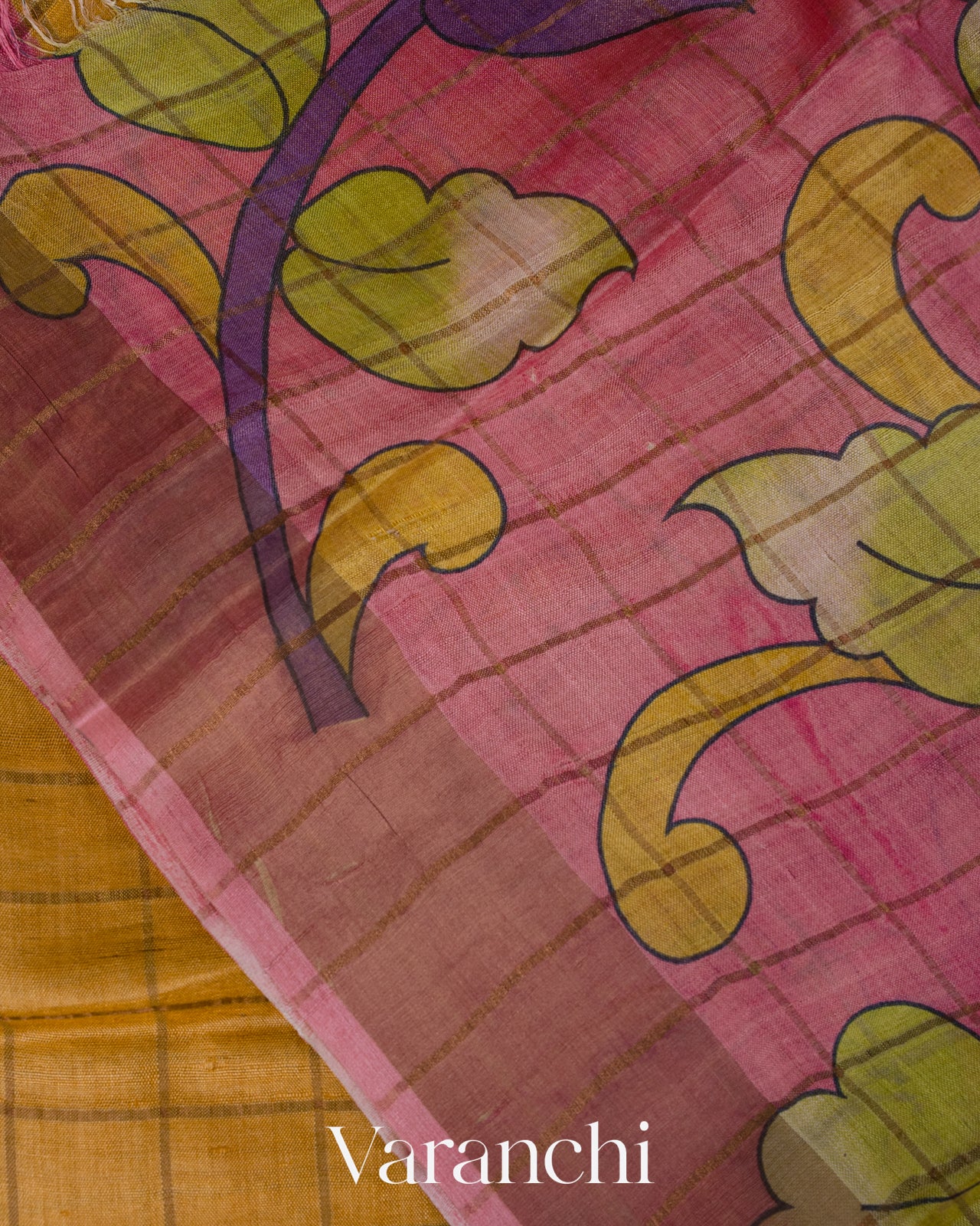 Mustard Yellow Checked Pure Tussar Silk Handloom Saree