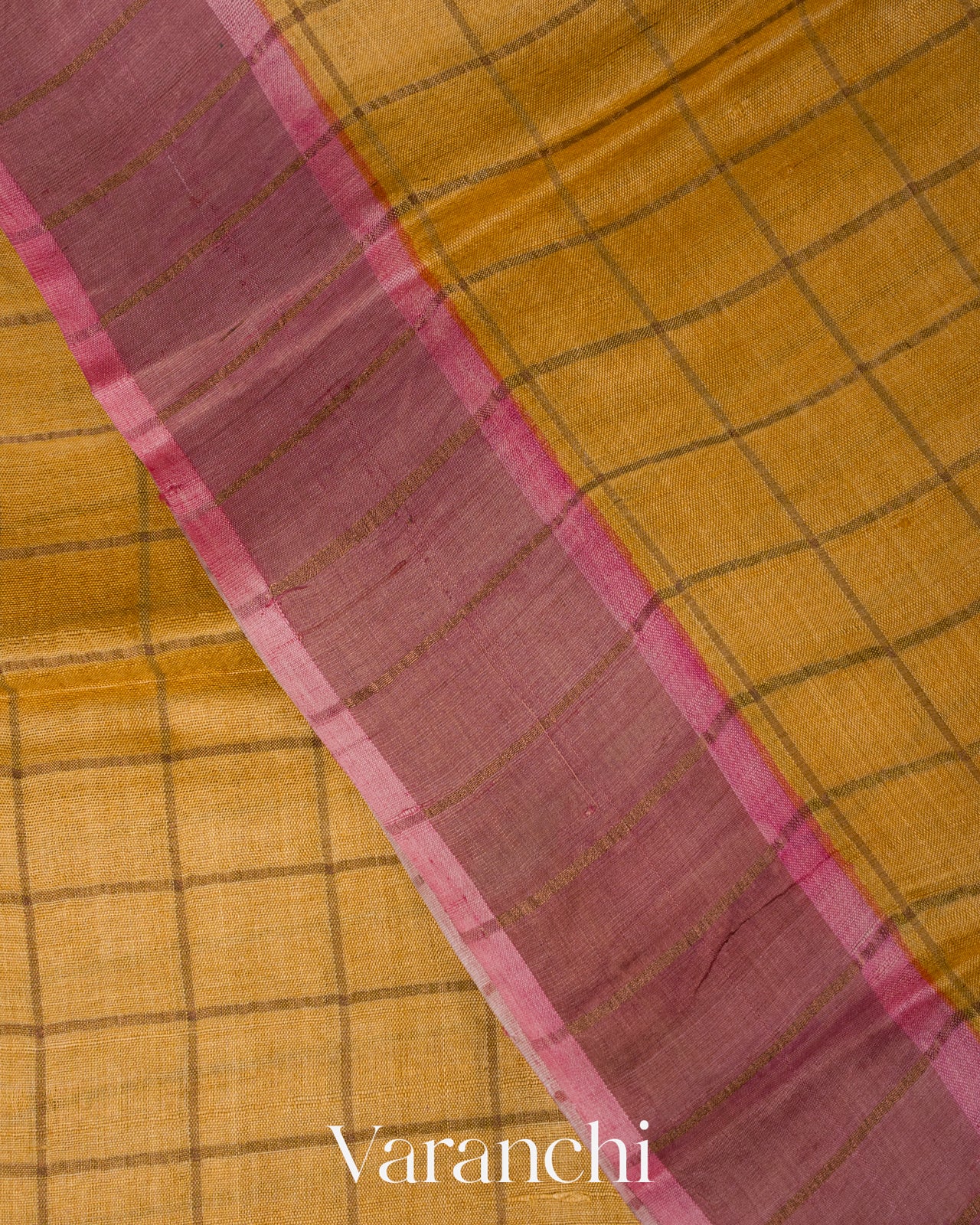 Mustard Yellow Checked Pure Tussar Silk Handloom Saree