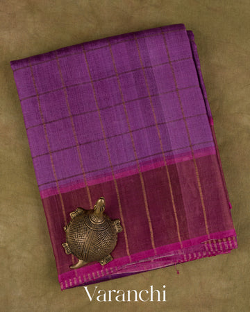 Purple Checked Pure Tussar Silk Handloom Saree