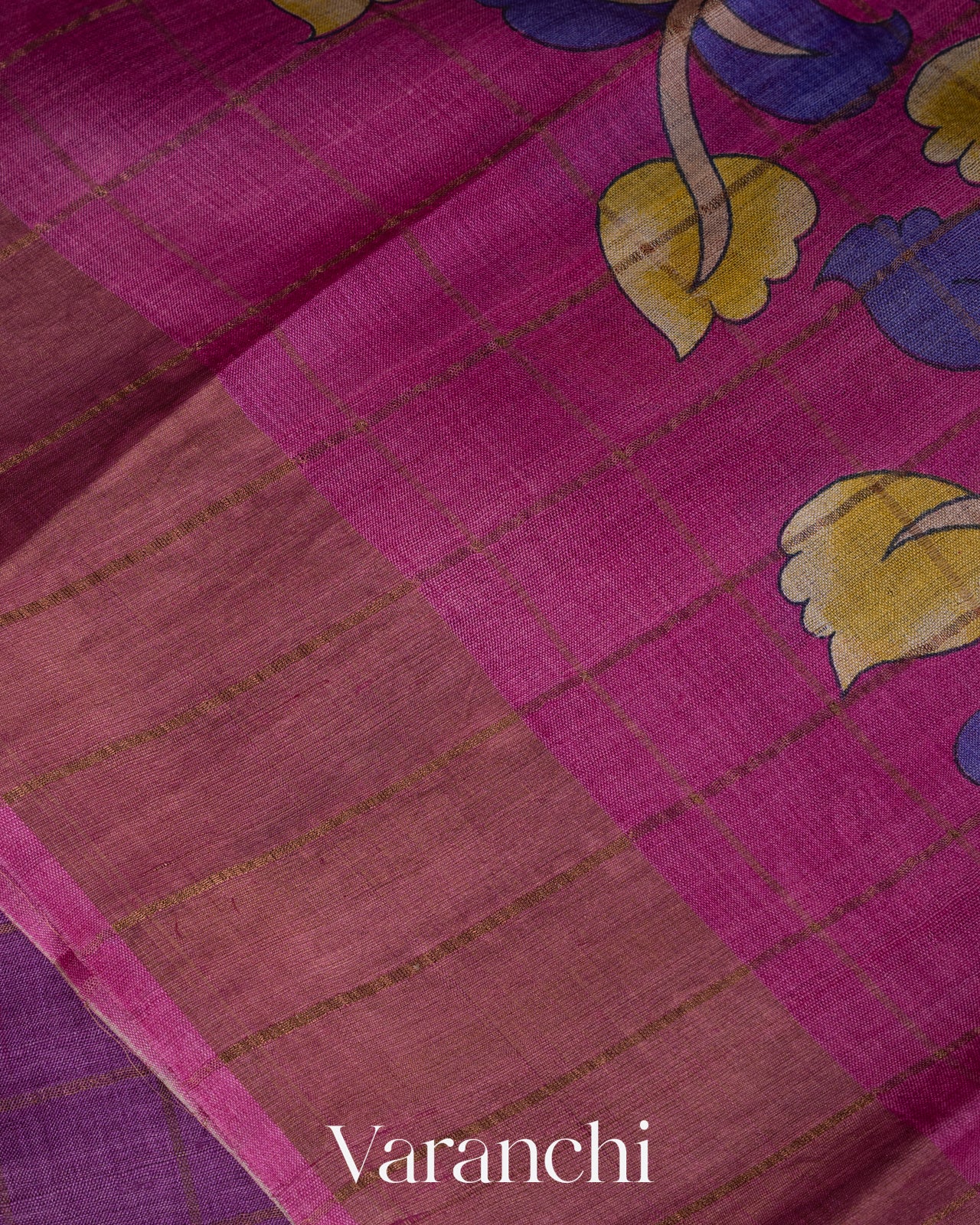 Purple Checked Pure Tussar Silk Handloom Saree