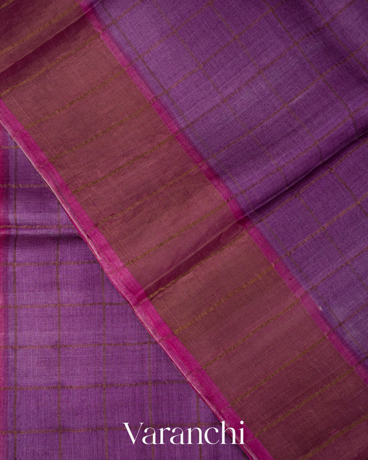 Purple Checked Pure Tussar Silk Handloom Saree