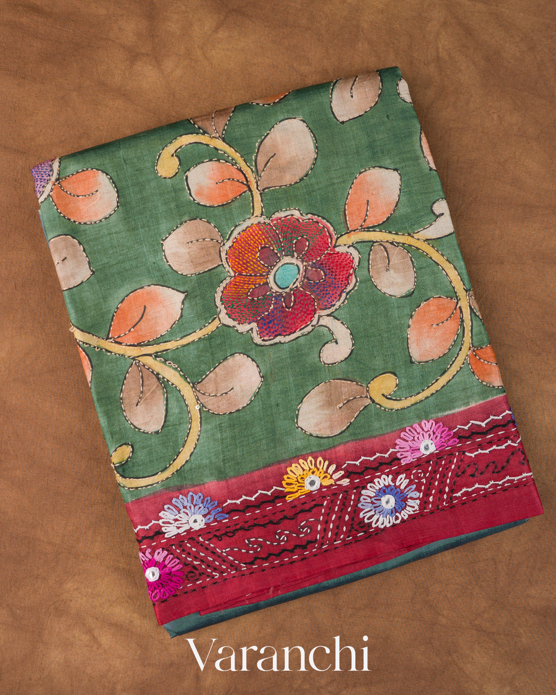Muted Green Kalamkari Print Pure Tussar Handloom Saree