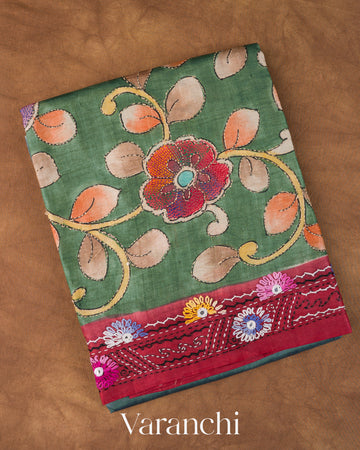 Muted Green Kalamkari Print Pure Tussar Handloom Saree