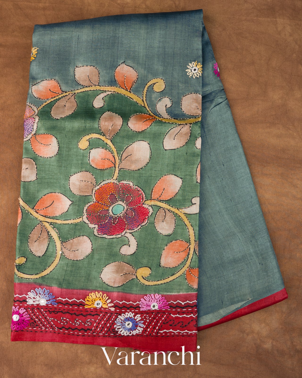 Muted Green Kalamkari Print Pure Tussar Handloom Saree