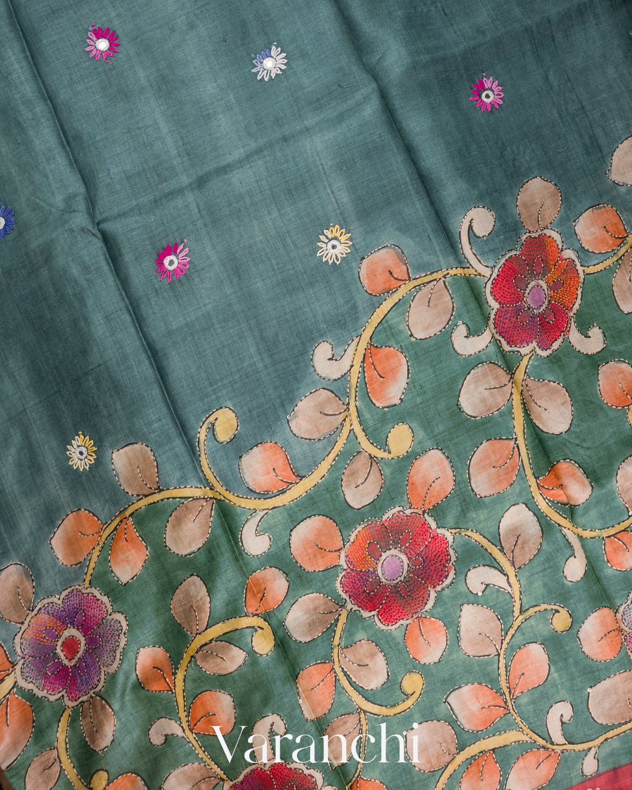 Muted Green Kalamkari Print Pure Tussar Handloom Saree