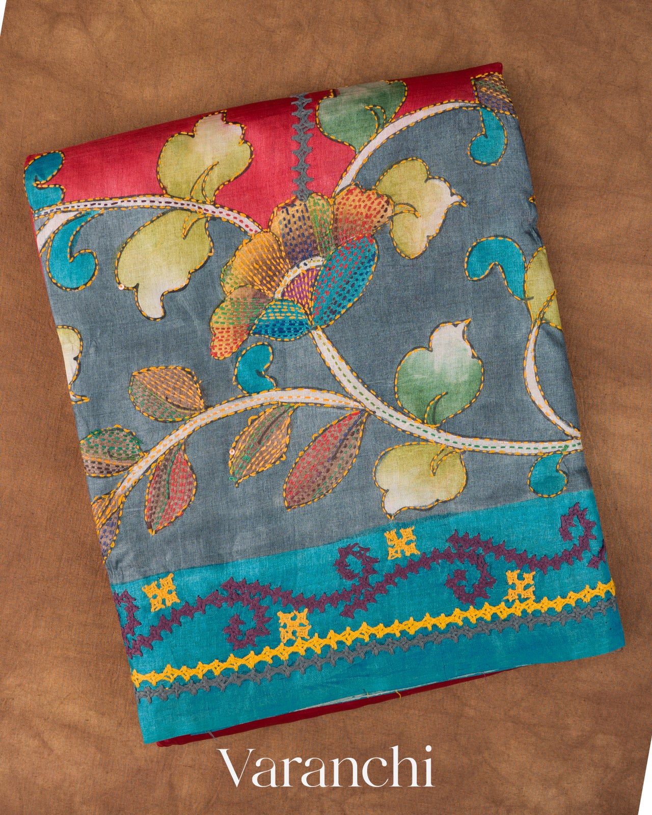 Steel Blue and Red Kalamkari Printed Pure Tussar Silk Handloom Saree