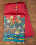 Steel Blue and Red Kalamkari Printed Pure Tussar Silk Handloom Saree