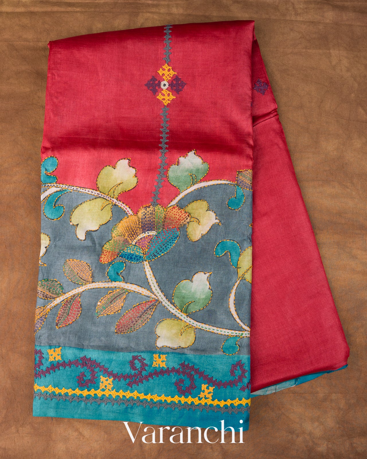 Steel Blue and Red Kalamkari Printed Pure Tussar Silk Handloom Saree
