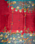 Steel Blue and Red Kalamkari Printed Pure Tussar Silk Handloom Saree