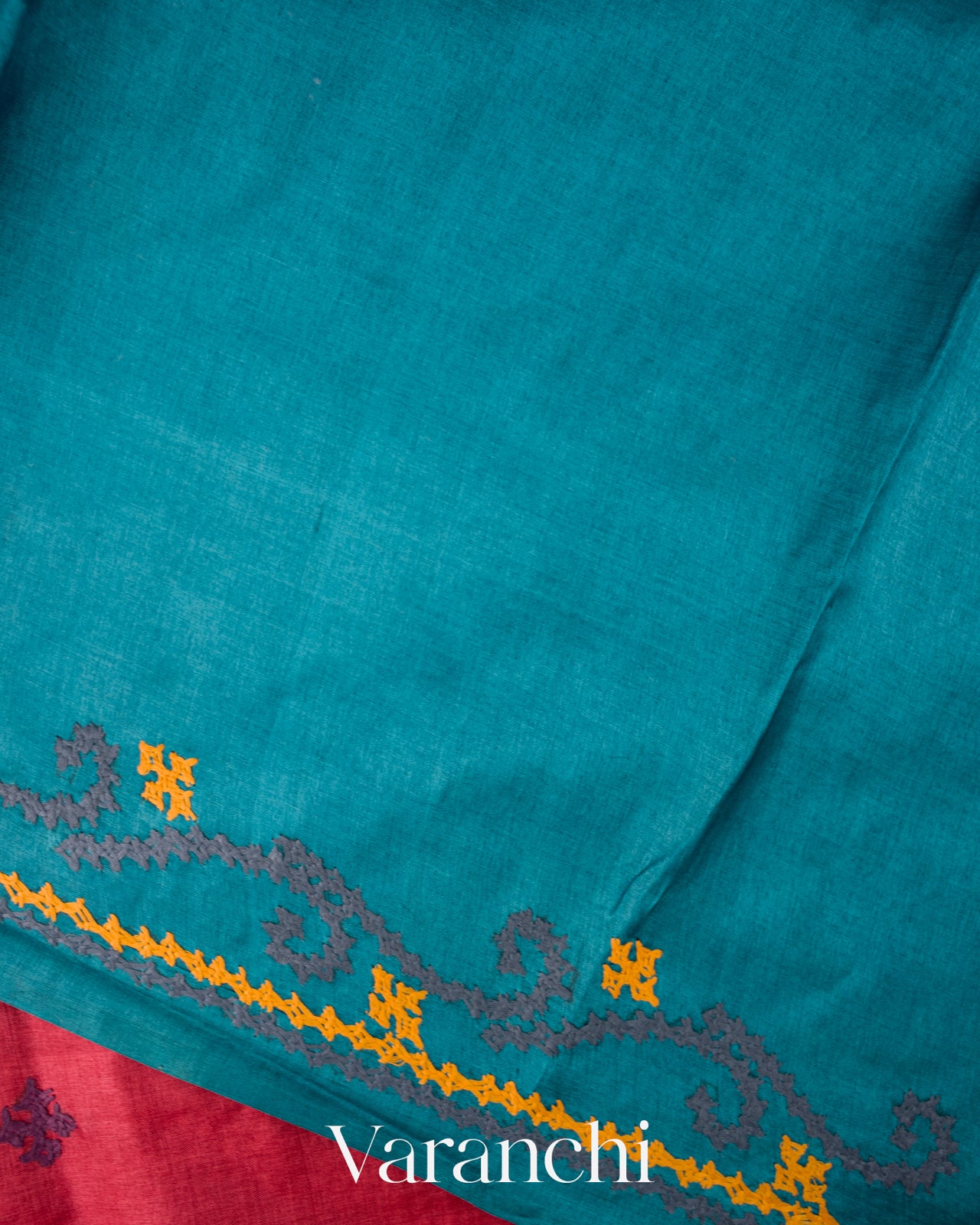 Steel Blue and Red Kalamkari Printed Pure Tussar Silk Handloom Saree