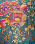 Steel Blue and Red Kalamkari Printed Pure Tussar Silk Handloom Saree