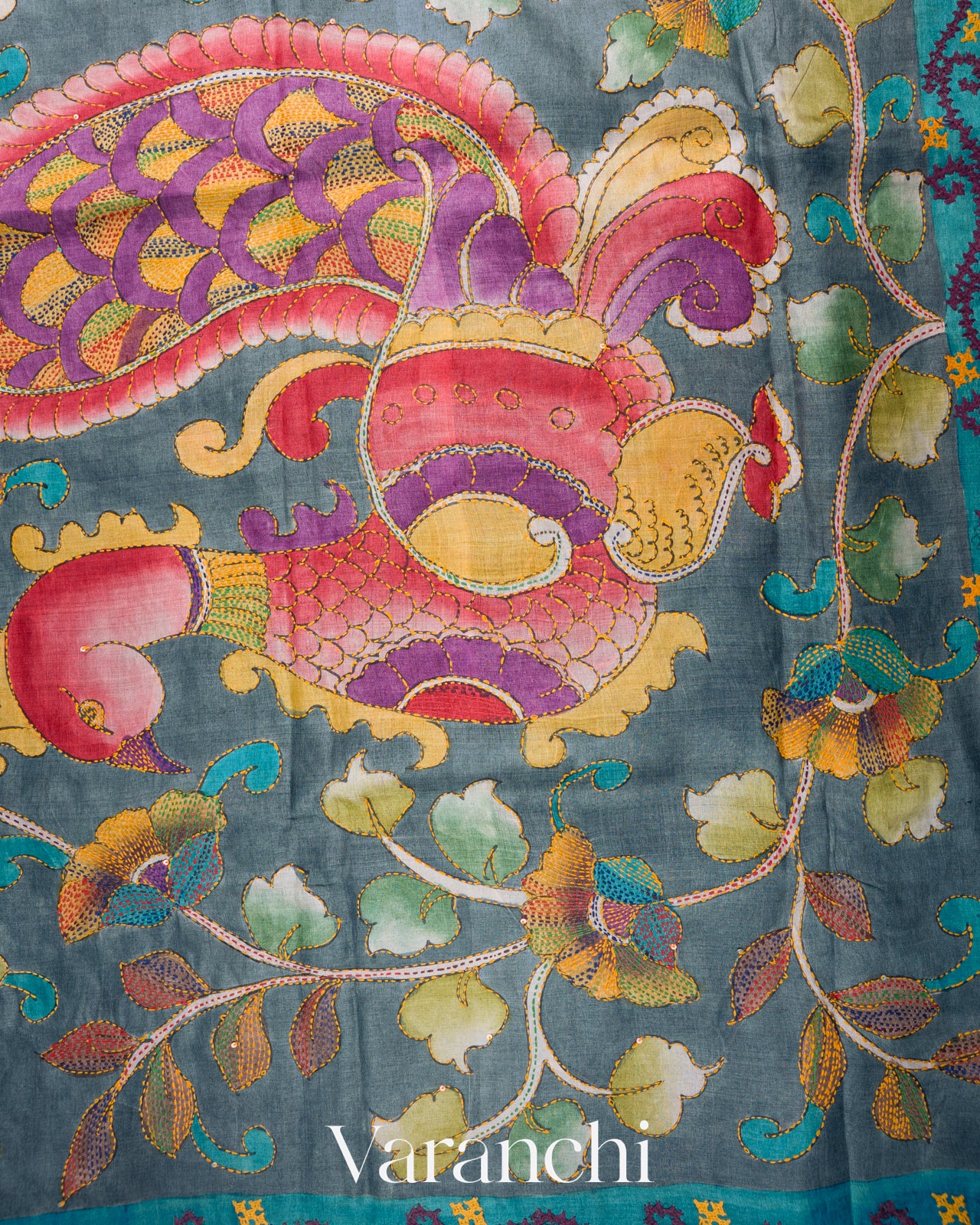 Steel Blue and Red Kalamkari Printed Pure Tussar Silk Handloom Saree
