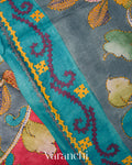 Steel Blue and Red Kalamkari Printed Pure Tussar Silk Handloom Saree