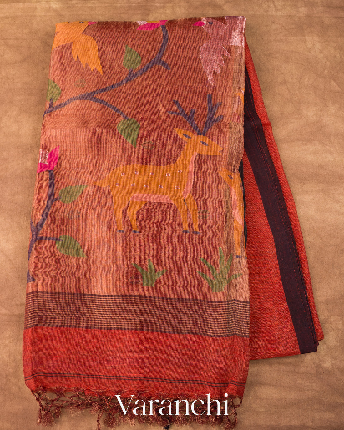 Brick Orange Jamdani Pure Silk Linen Tissue Handloom Saree
