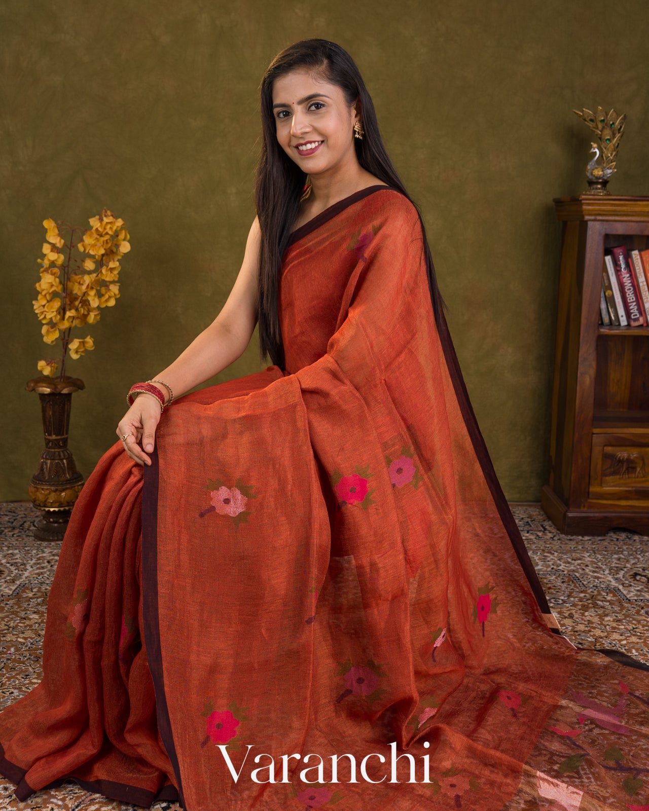 Brick Orange Jamdani Pure Silk Linen Tissue Handloom Saree