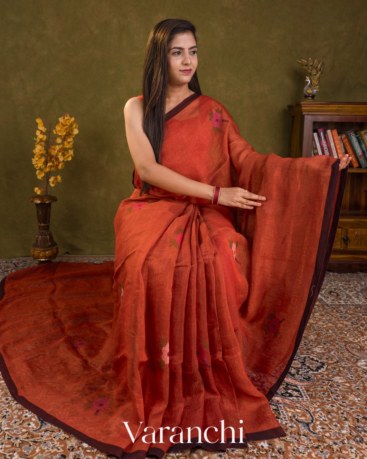 Brick Orange Jamdani Pure Silk Linen Tissue Handloom Saree