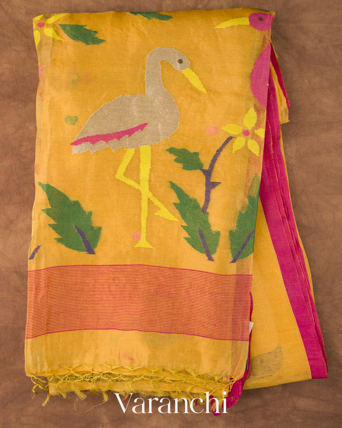 Mustard Yellow Jamdani Pure Silk Linen Handloom Saree