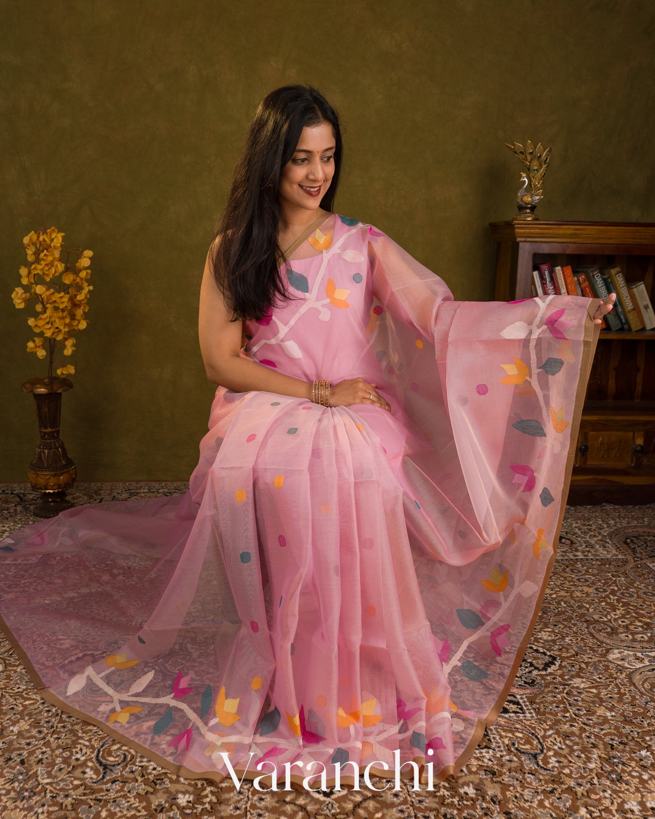 Baby Pink Jamdani Pure Muslin Silk Handloom Saree