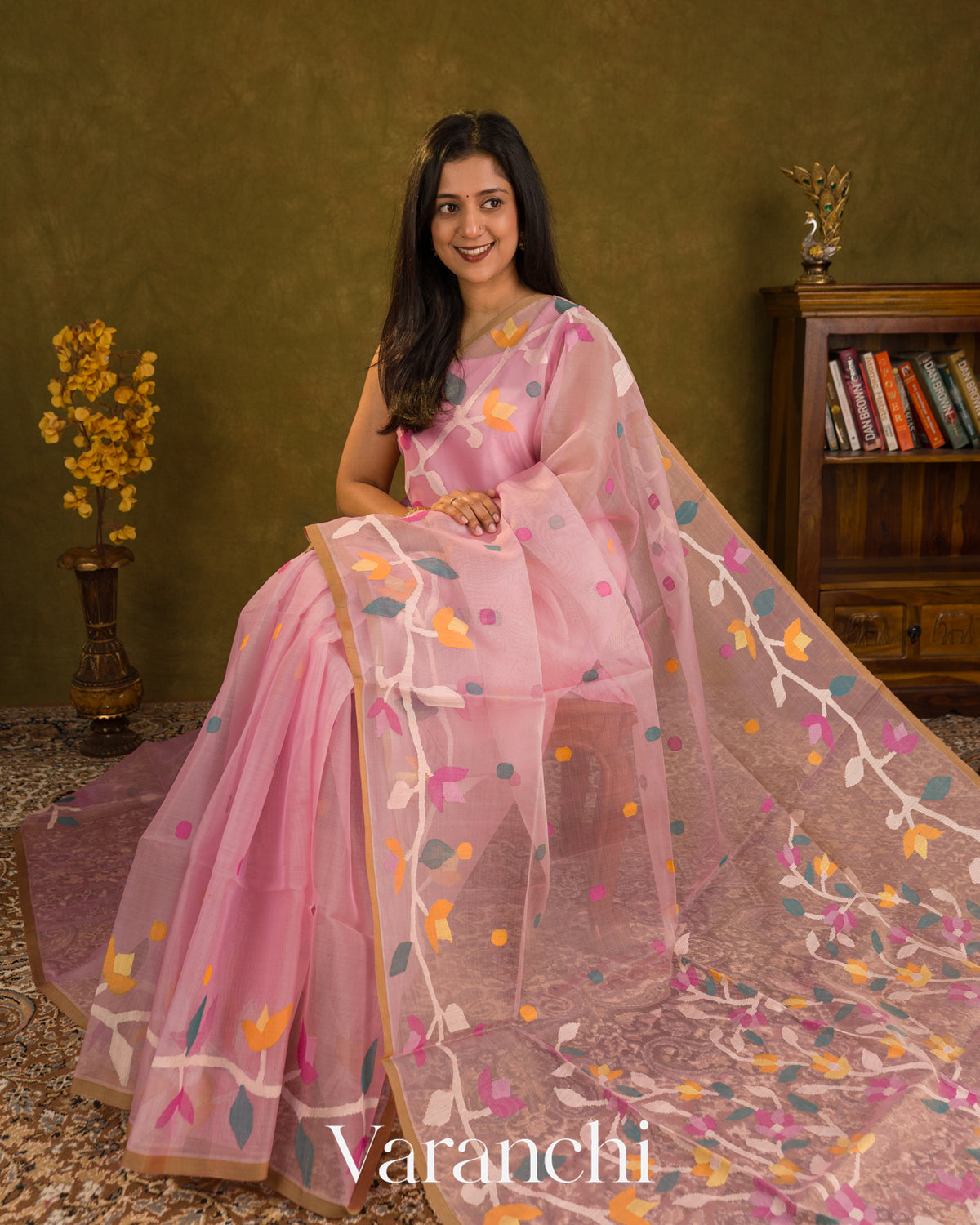 Baby Pink Jamdani Pure Muslin Silk Handloom Saree