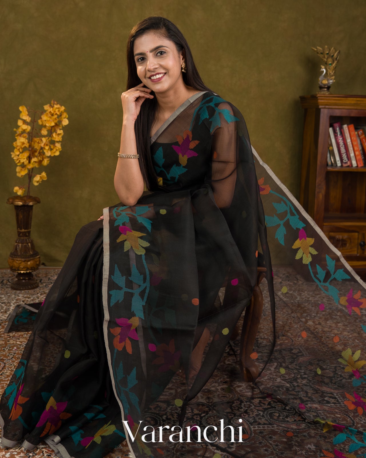 Black Floral Jamdani Pure Muslin Handloom Saree