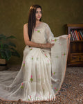 Ivory Lotus Jamdani Pure Silk Linen Handloom Saree