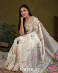 Ivory Lotus Jamdani Pure Silk Linen Handloom Saree