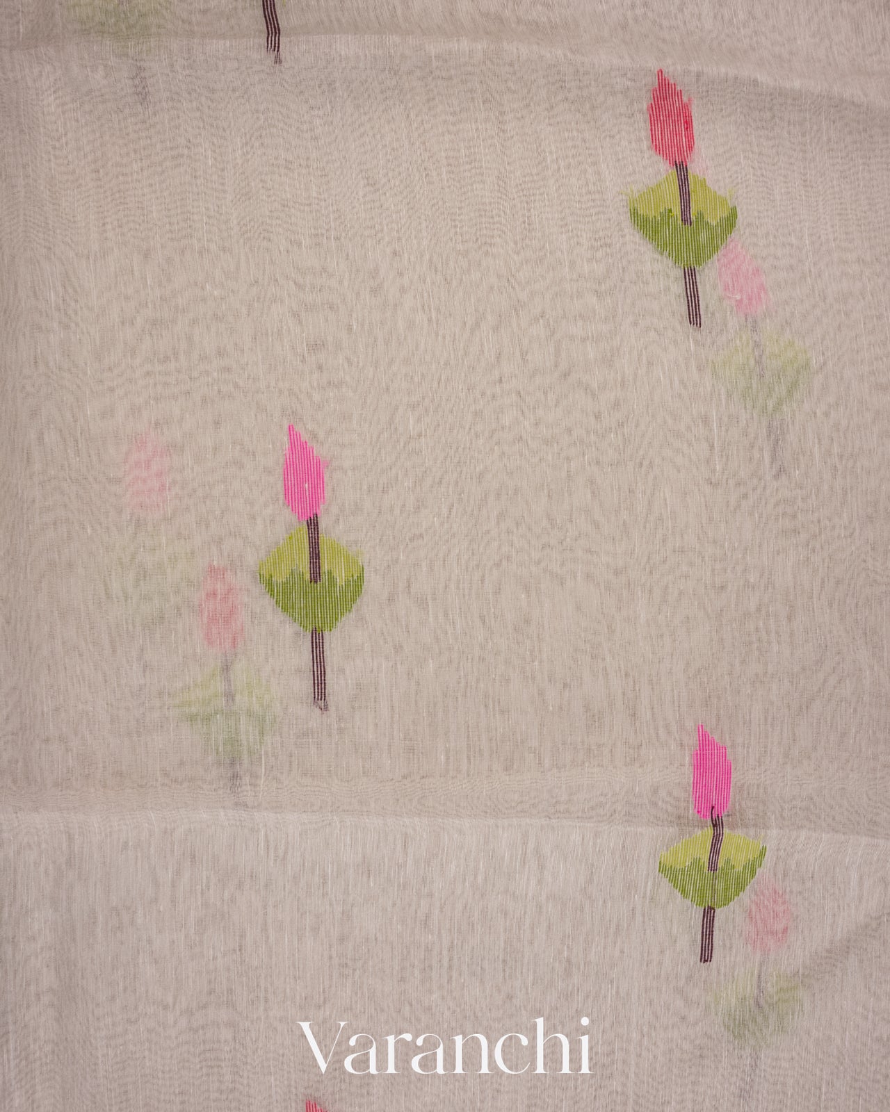 Ivory Lotus Jamdani Pure Silk Linen Handloom Saree