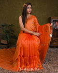 Tangerine Orange Lotus Jamdani Pure Silk Linen Handloom Saree