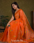 Tangerine Orange Lotus Jamdani Pure Silk Linen Handloom Saree
