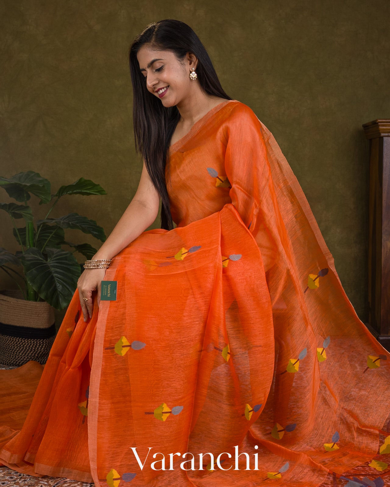 Tangerine Orange Lotus Jamdani Pure Silk Linen Handloom Saree