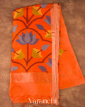 Tangerine Orange Lotus Jamdani Pure Silk Linen Handloom Saree