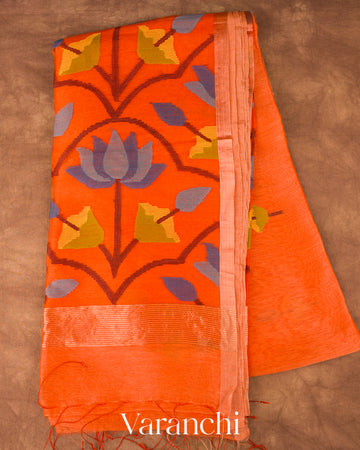 Tangerine Orange Lotus Jamdani Pure Silk Linen Handloom Saree