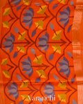 Tangerine Orange Lotus Jamdani Pure Silk Linen Handloom Saree
