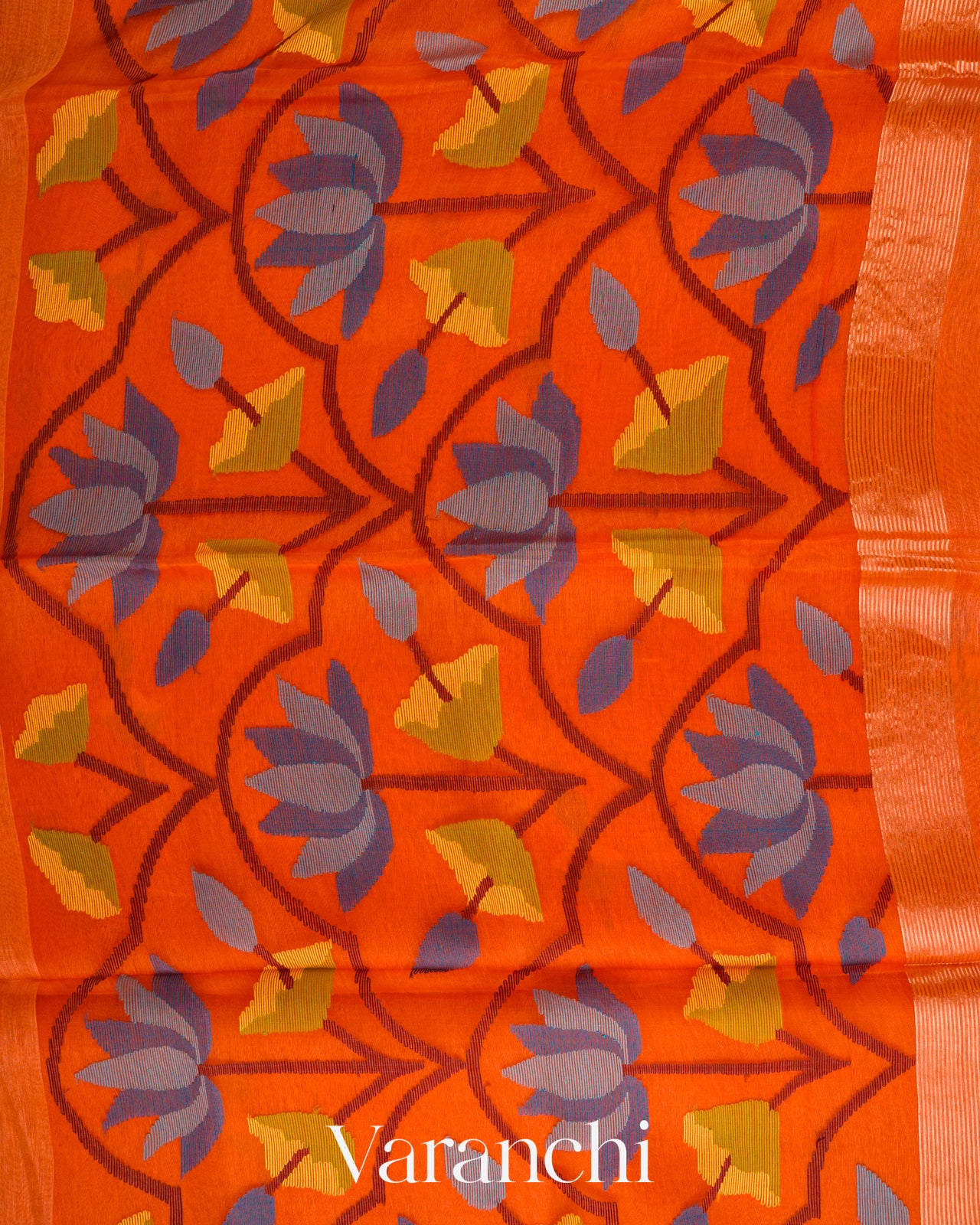 Tangerine Orange Lotus Jamdani Pure Silk Linen Handloom Saree