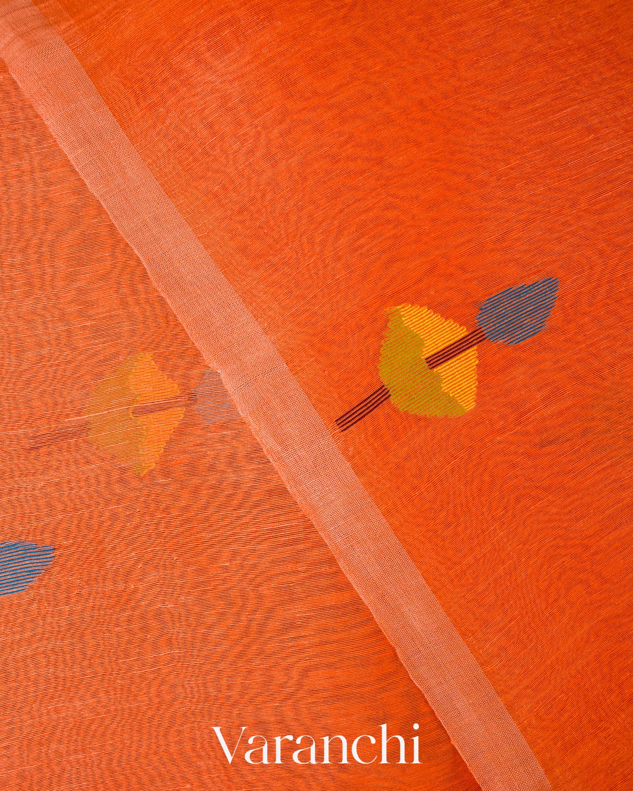 Tangerine Orange Lotus Jamdani Pure Silk Linen Handloom Saree